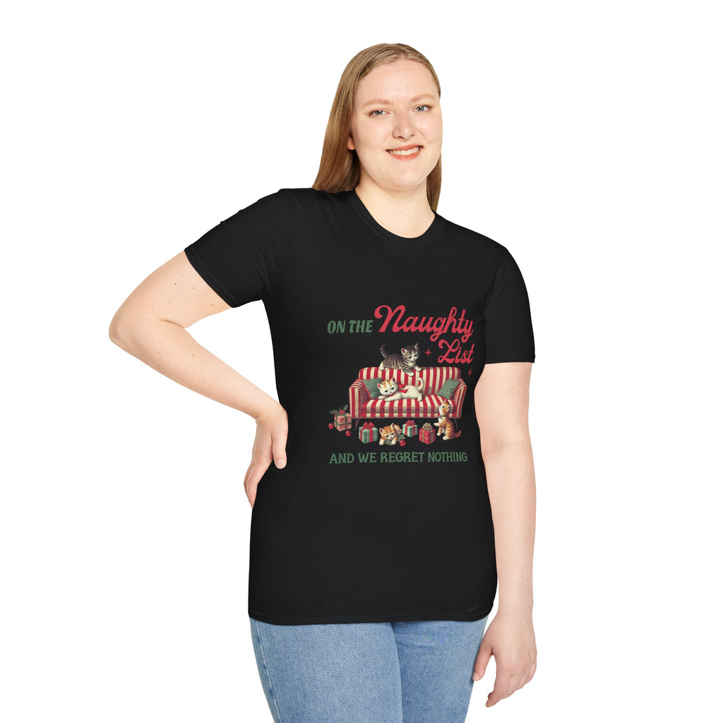 "On the Naughty List and We Regret Nothing" Holiday Cat Tee