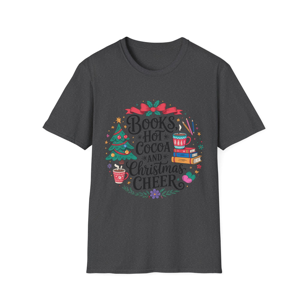 "Books, Hot Cocoa and Christmas Cheer" Holiday Tee for Book Lovers