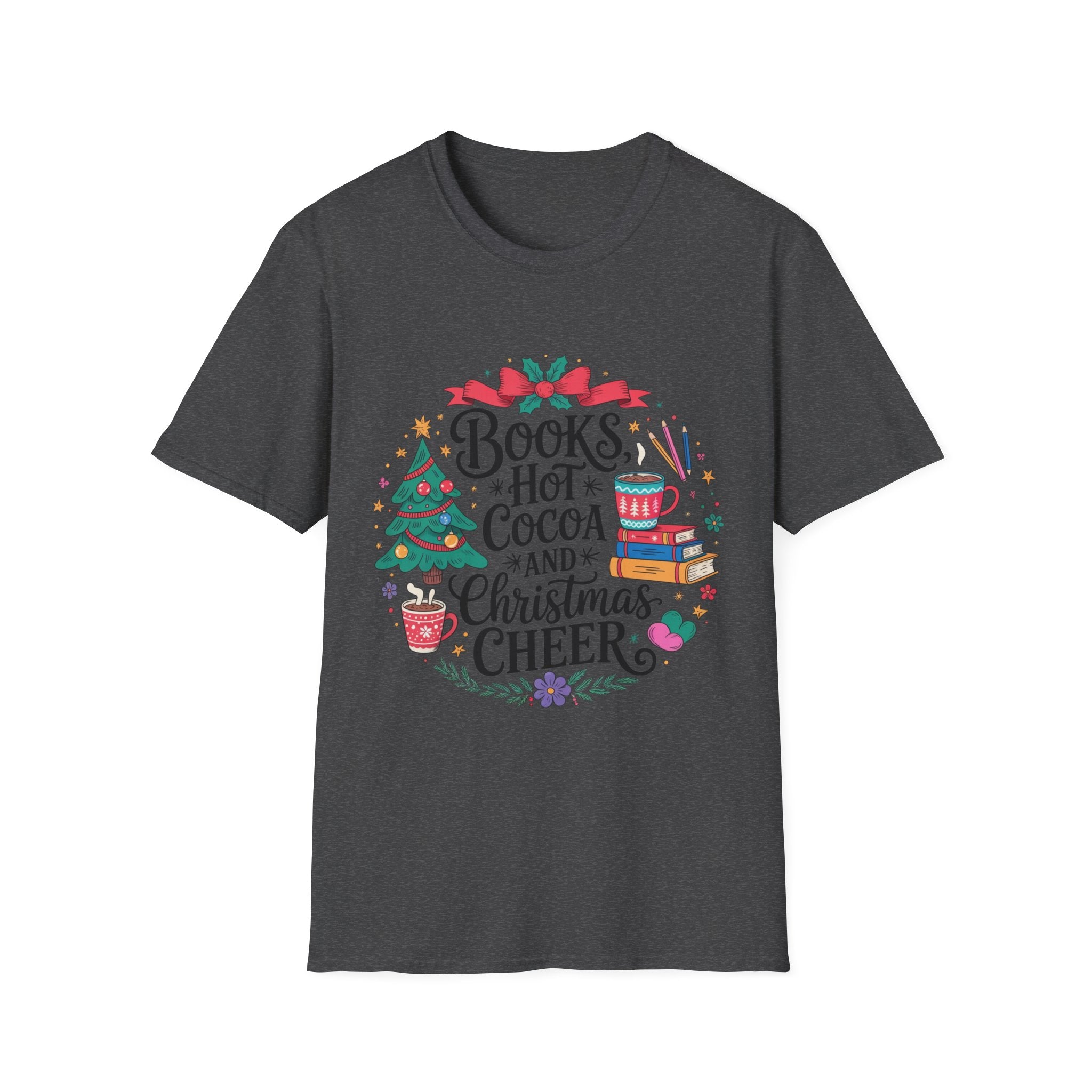"Books, Hot Cocoa and Christmas Cheer" Holiday Tee for Book Lovers