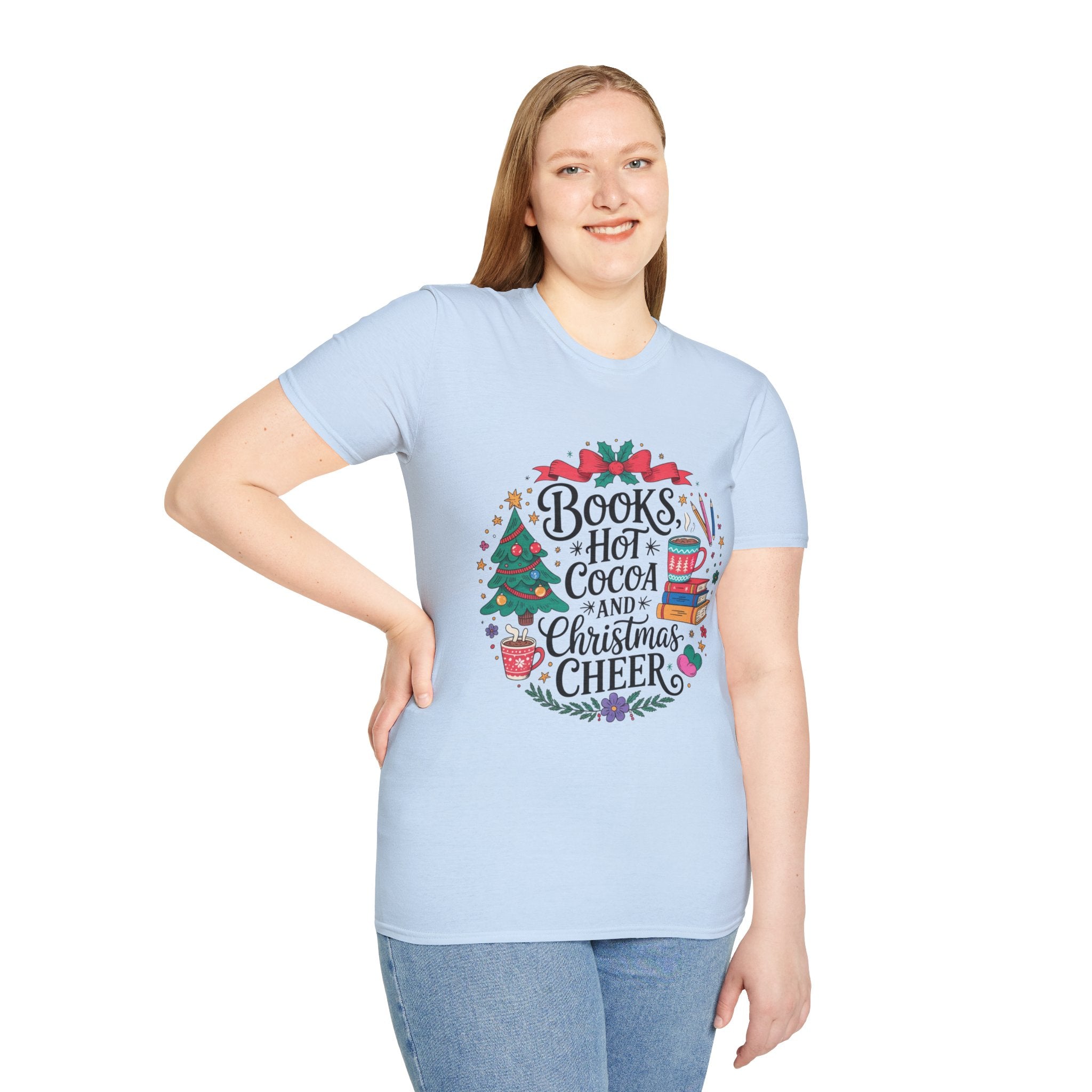 "Books, Hot Cocoa and Christmas Cheer" Holiday Tee for Book Lovers