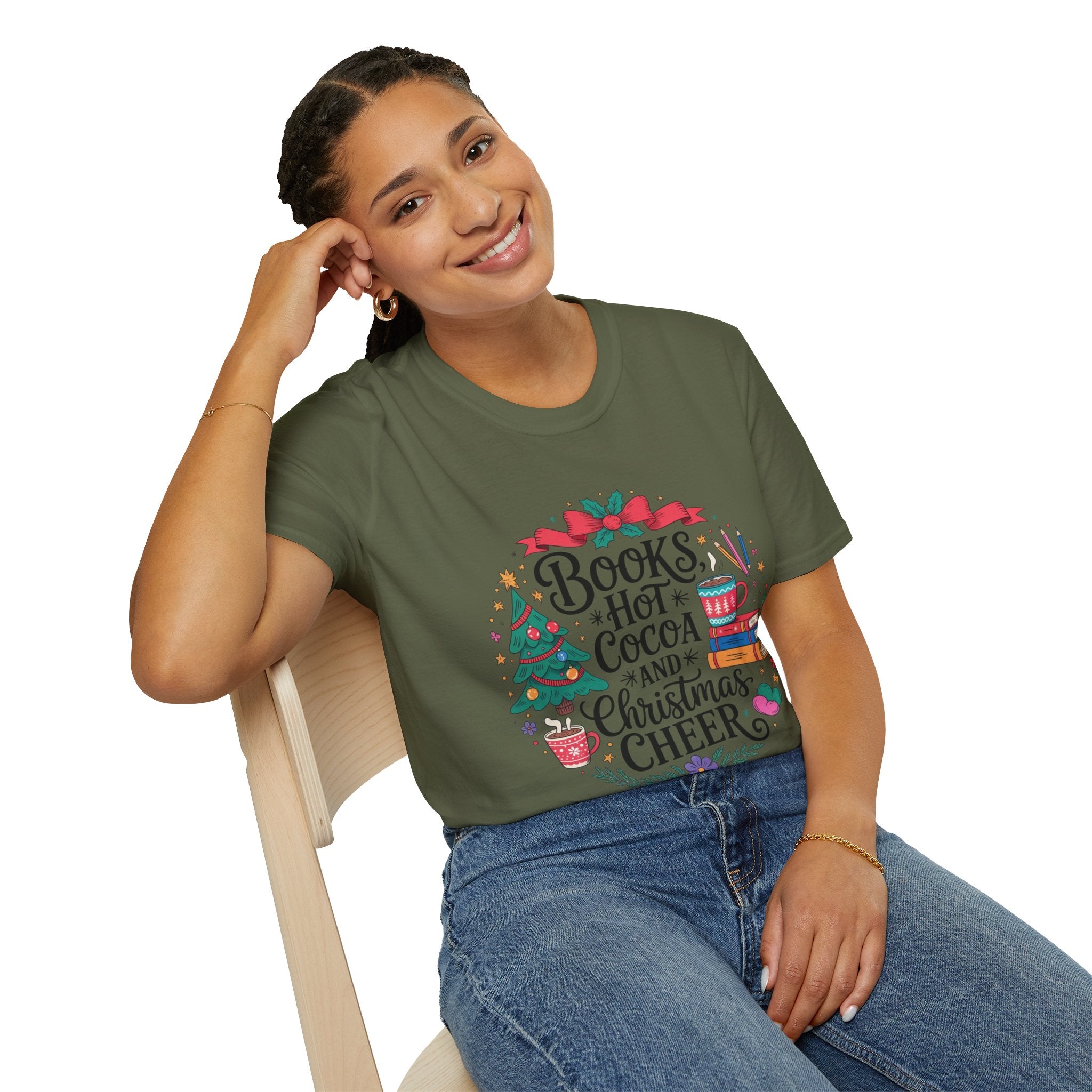 "Books, Hot Cocoa and Christmas Cheer" Holiday Tee for Book Lovers