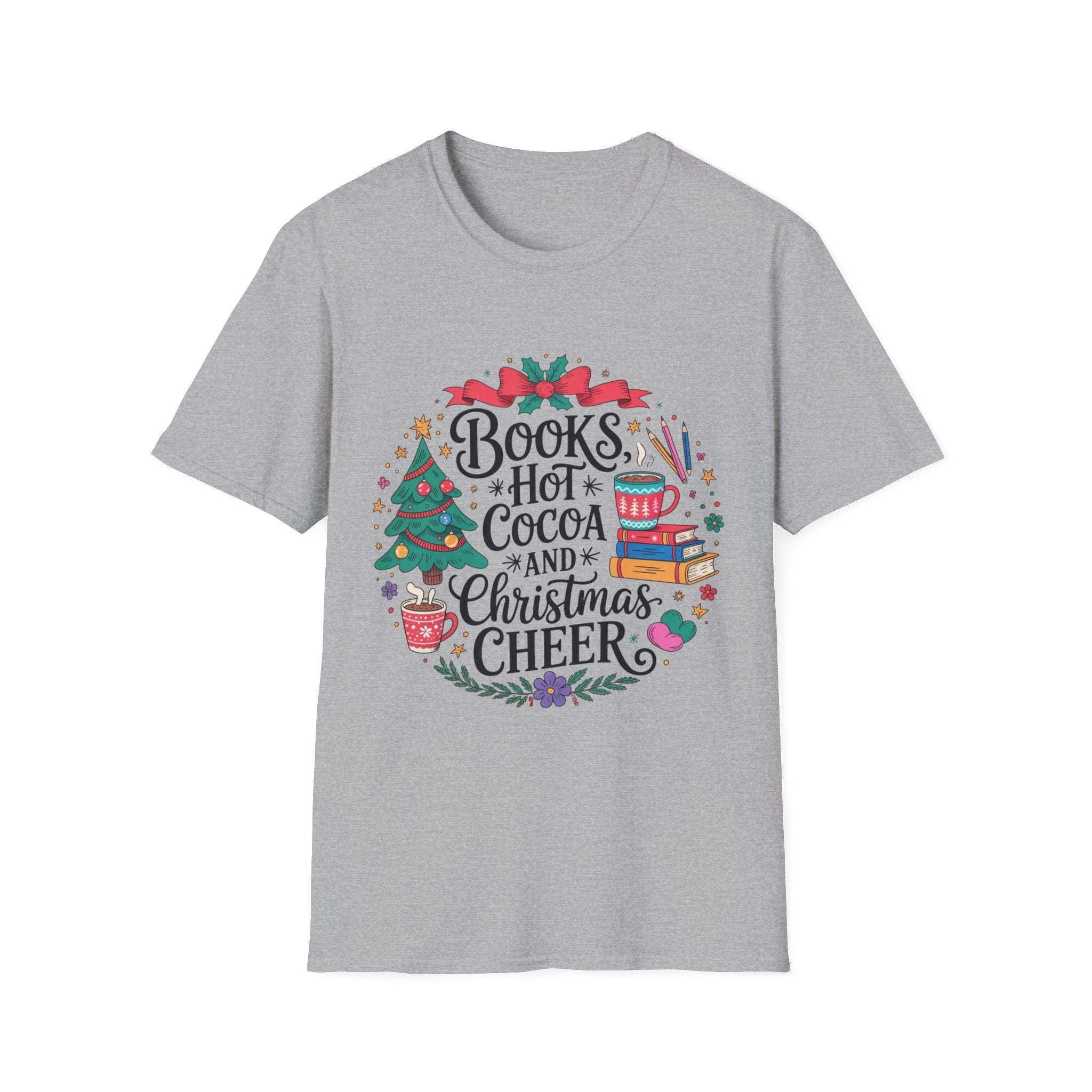 "Books, Hot Cocoa and Christmas Cheer" Holiday Tee for Book Lovers