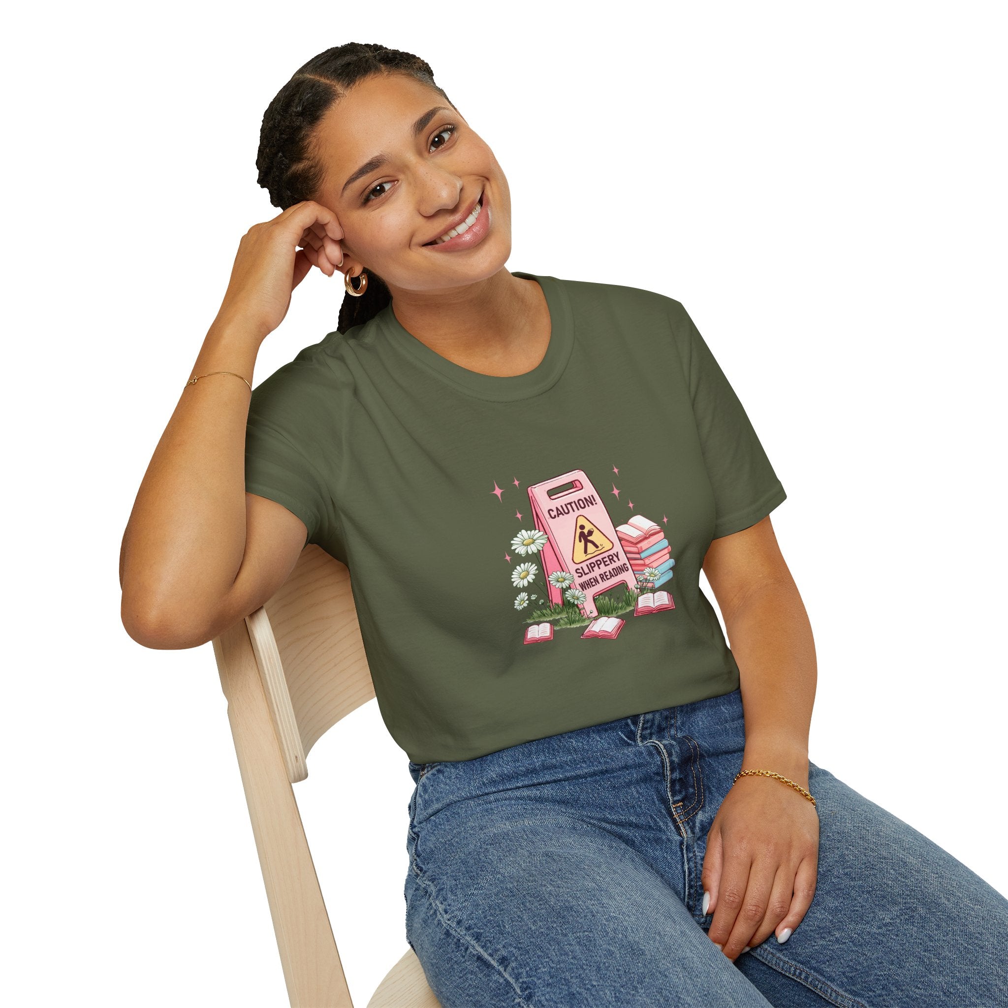 “Caution: Slippery When Reading” Cute Booklover Tee