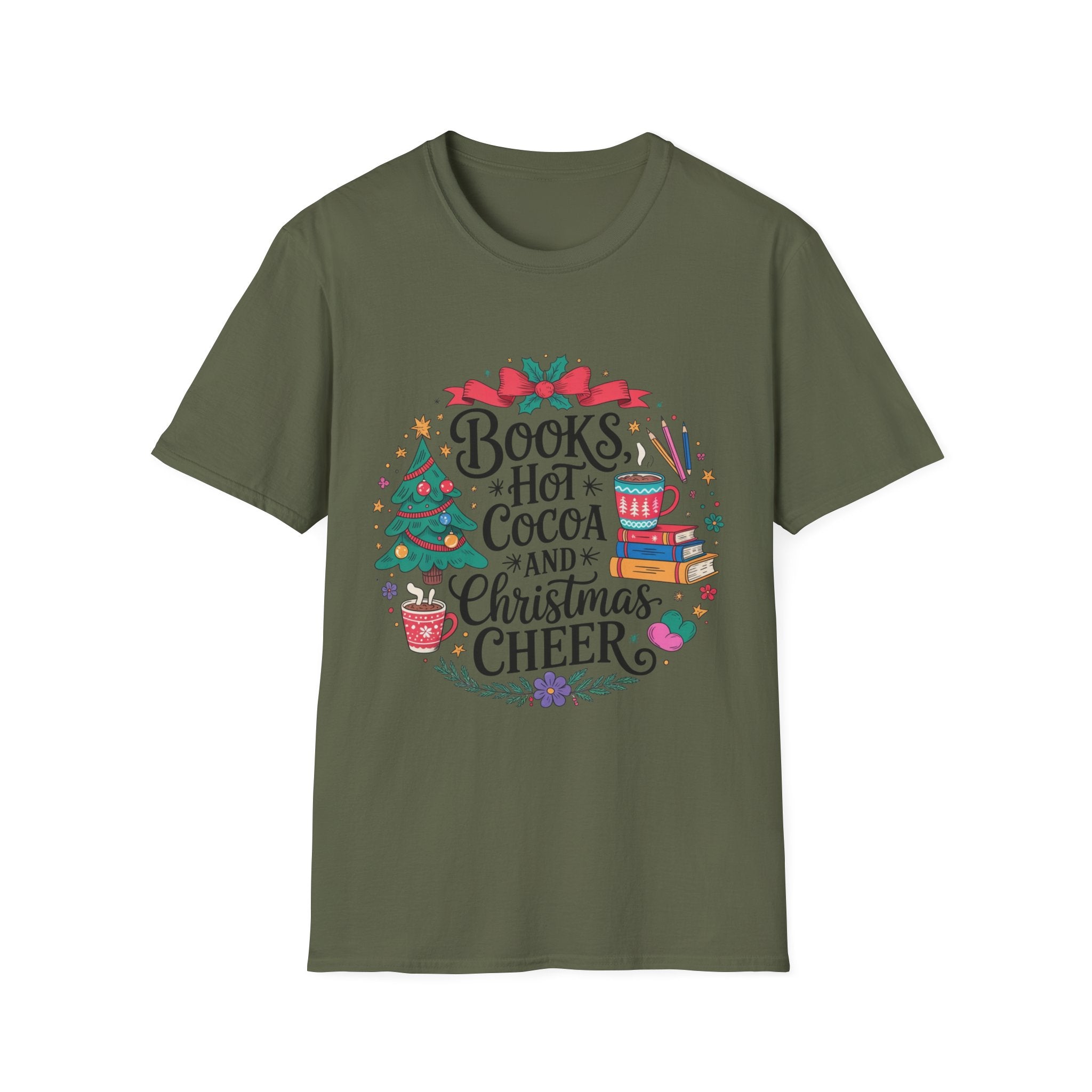 "Books, Hot Cocoa and Christmas Cheer" Holiday Tee for Book Lovers