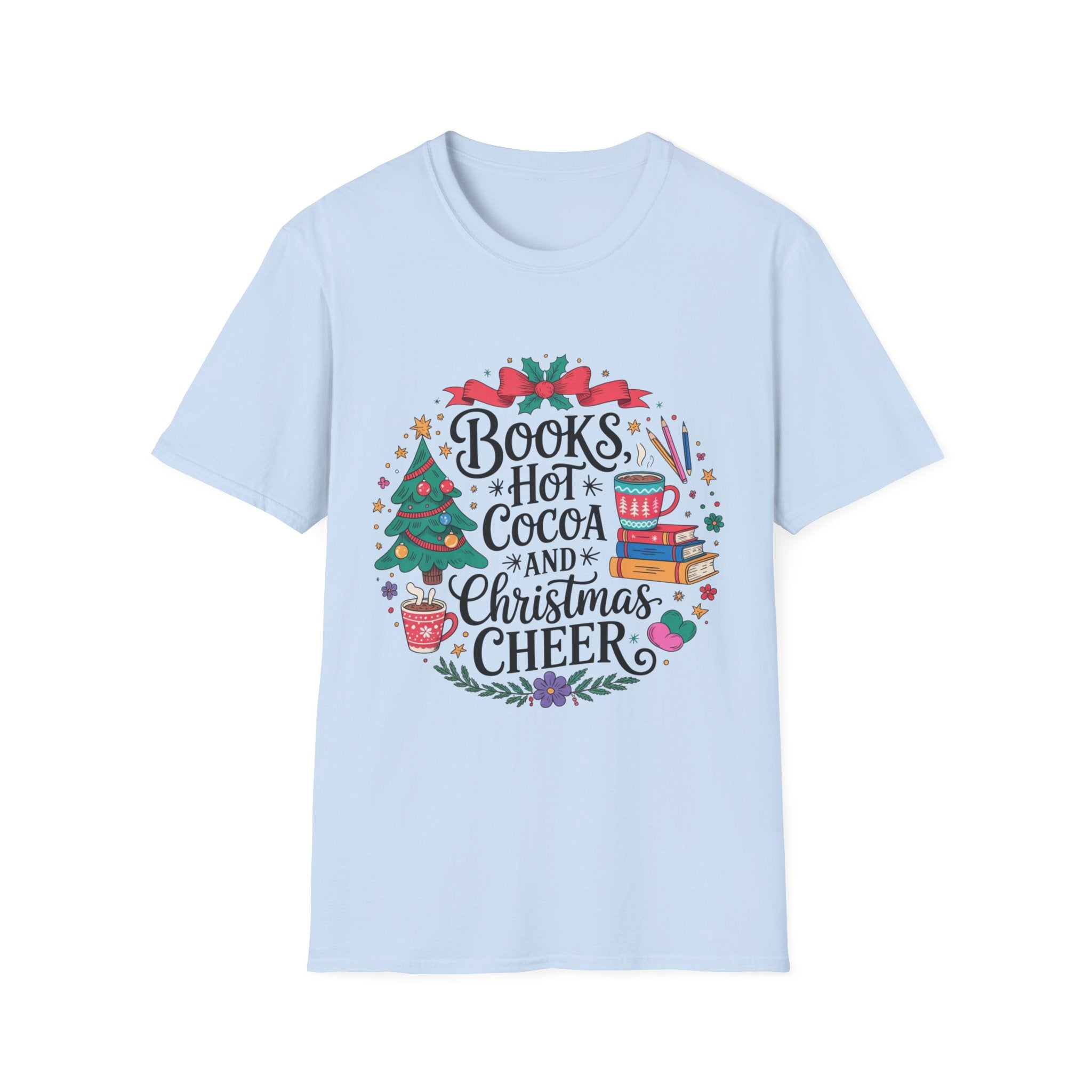 "Books, Hot Cocoa and Christmas Cheer" Holiday Tee for Book Lovers