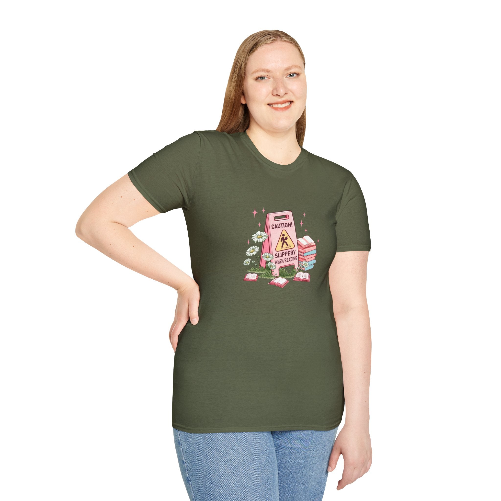 “Caution: Slippery When Reading” Cute Booklover Tee