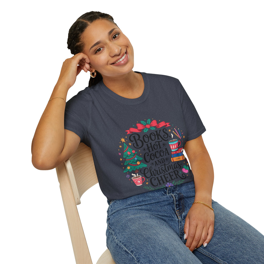 "Books, Hot Cocoa and Christmas Cheer" Holiday Tee for Book Lovers