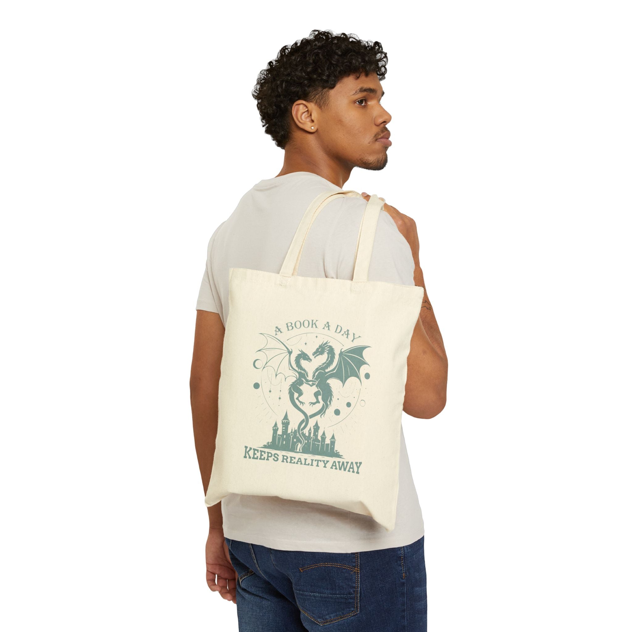 "A Book a Day Keeps Reality Away" Dragon Fantasy Canvas Tote