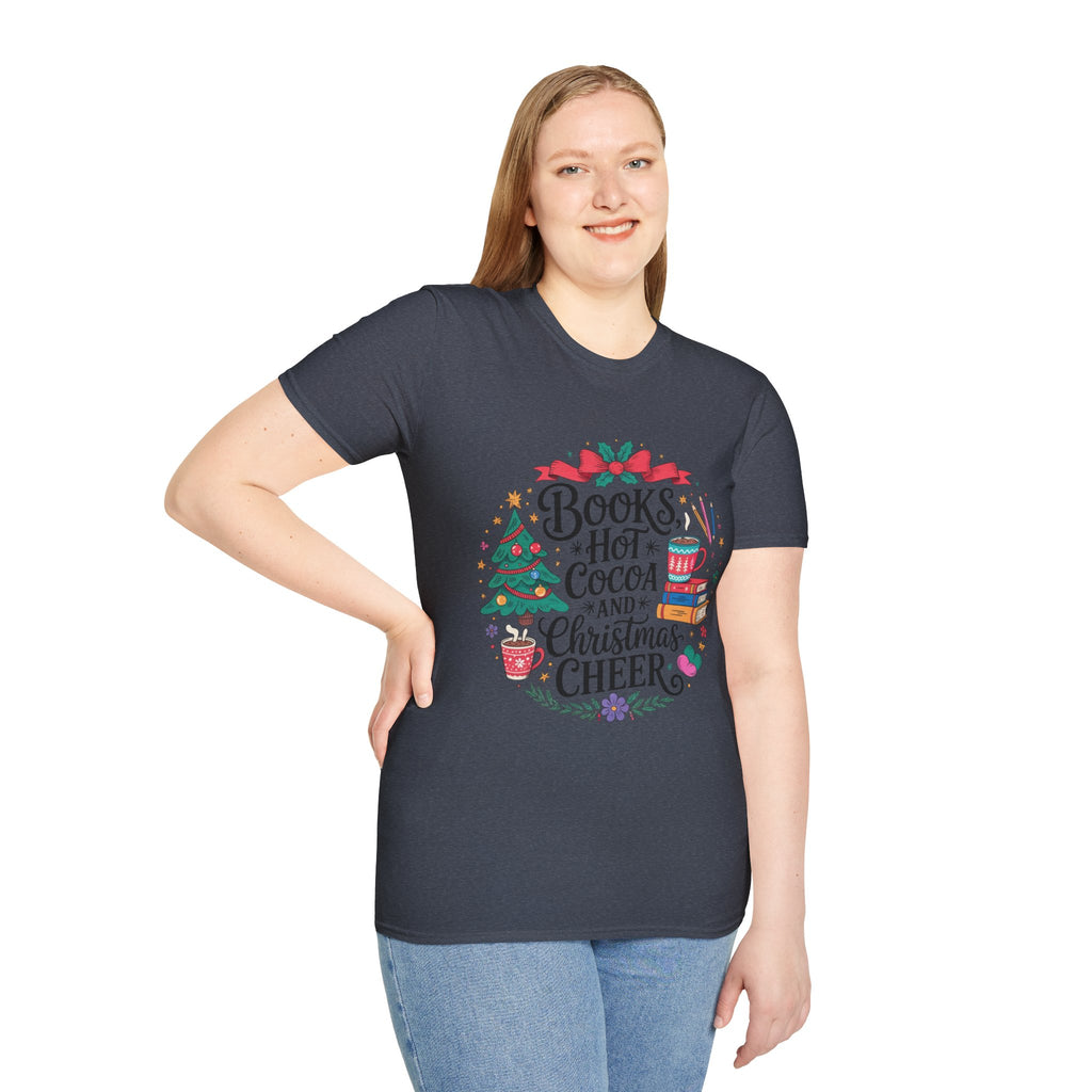 "Books, Hot Cocoa and Christmas Cheer" Holiday Tee for Book Lovers
