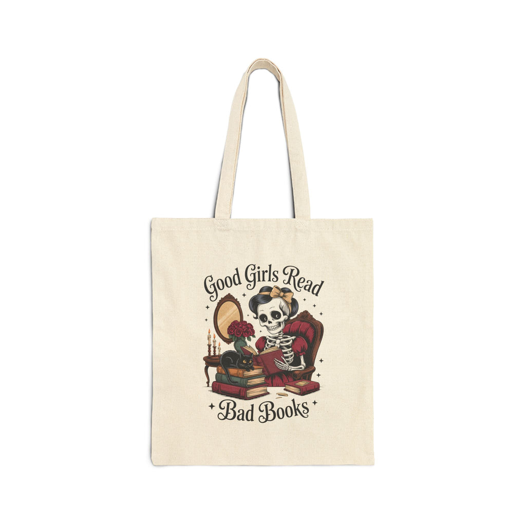 “Good Girls Read Bad Books” Skeleton Reader Canvas Tote
