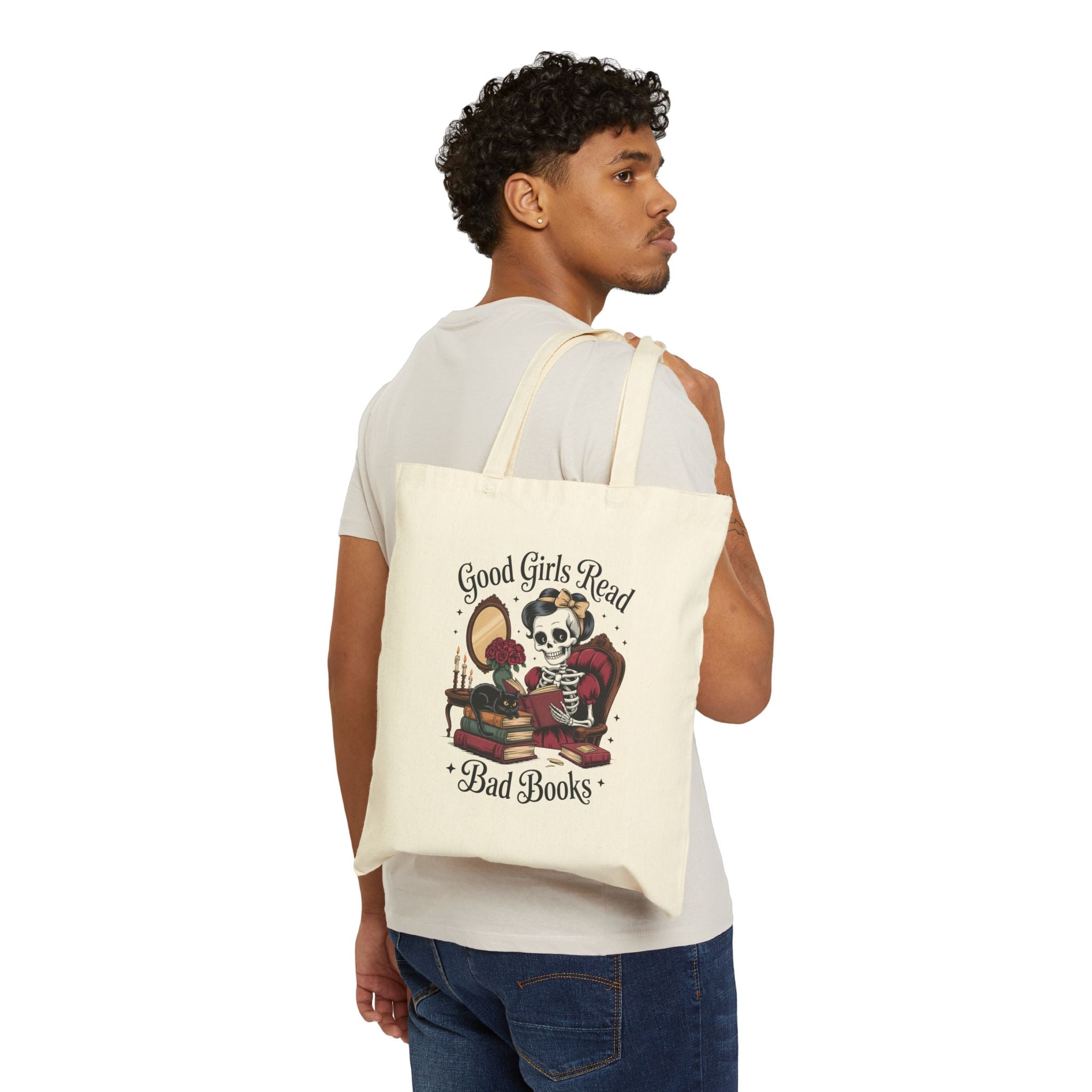 “Good Girls Read Bad Books” Skeleton Reader Canvas Tote