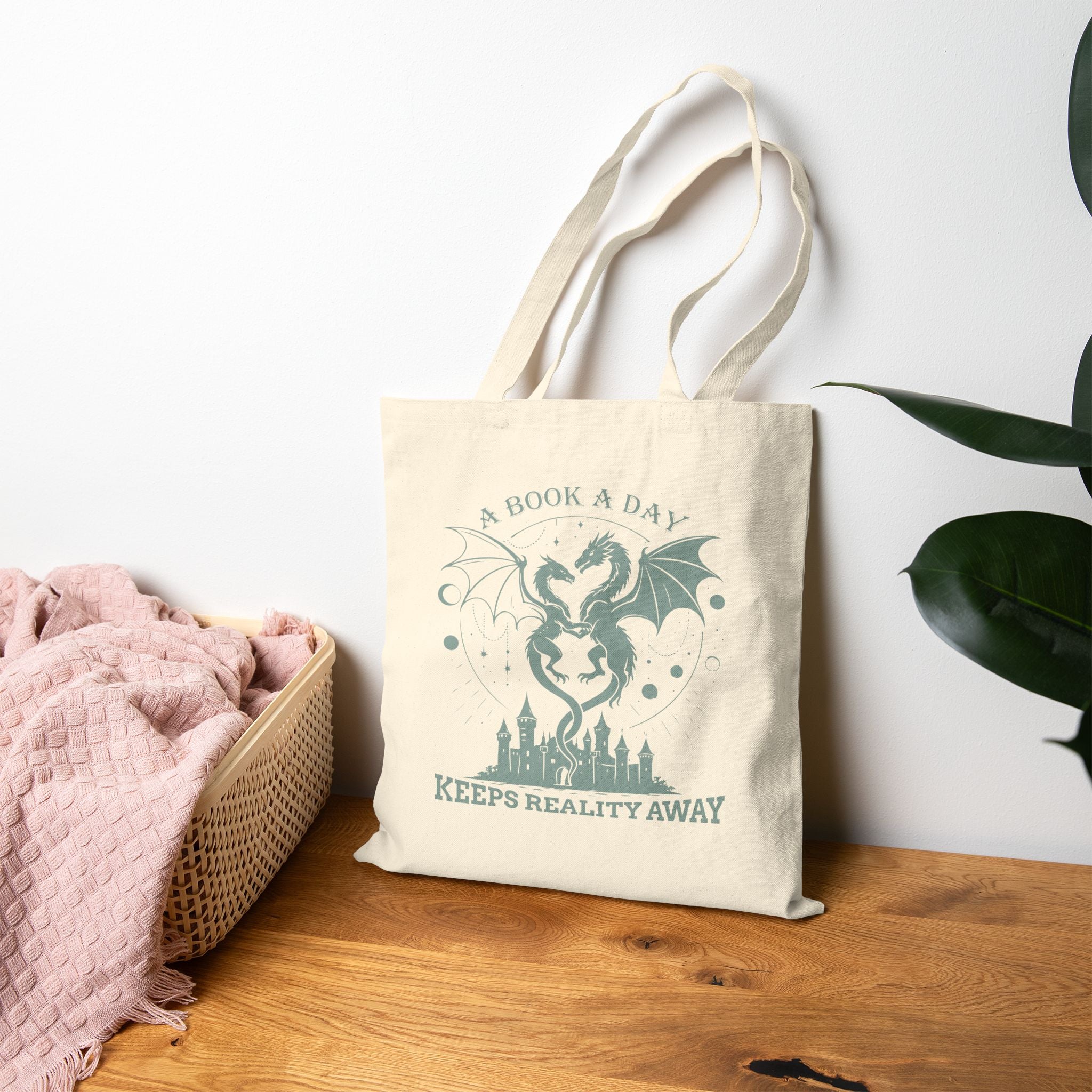 "A Book a Day Keeps Reality Away" Dragon Fantasy Canvas Tote