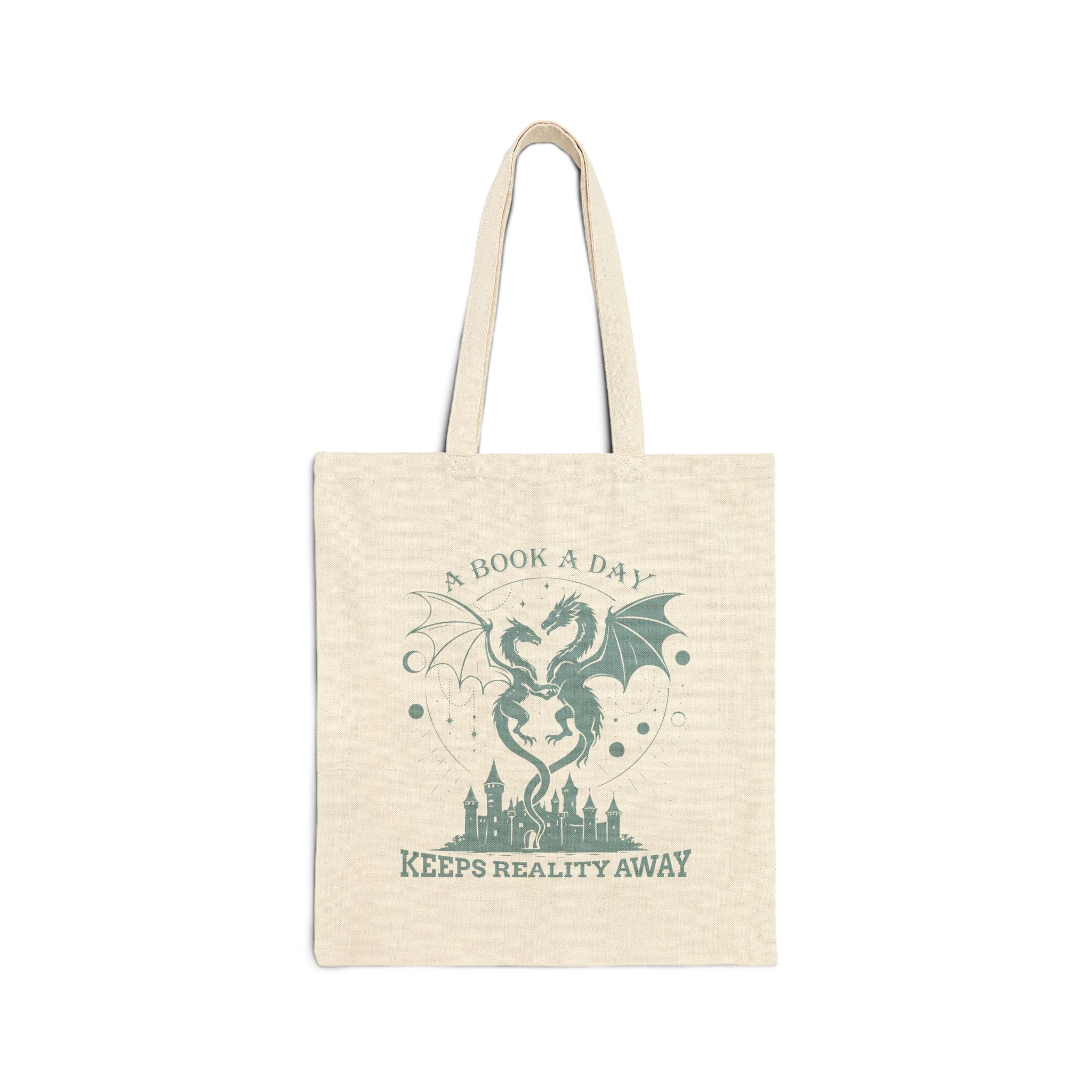 "A Book a Day Keeps Reality Away" Dragon Fantasy Canvas Tote