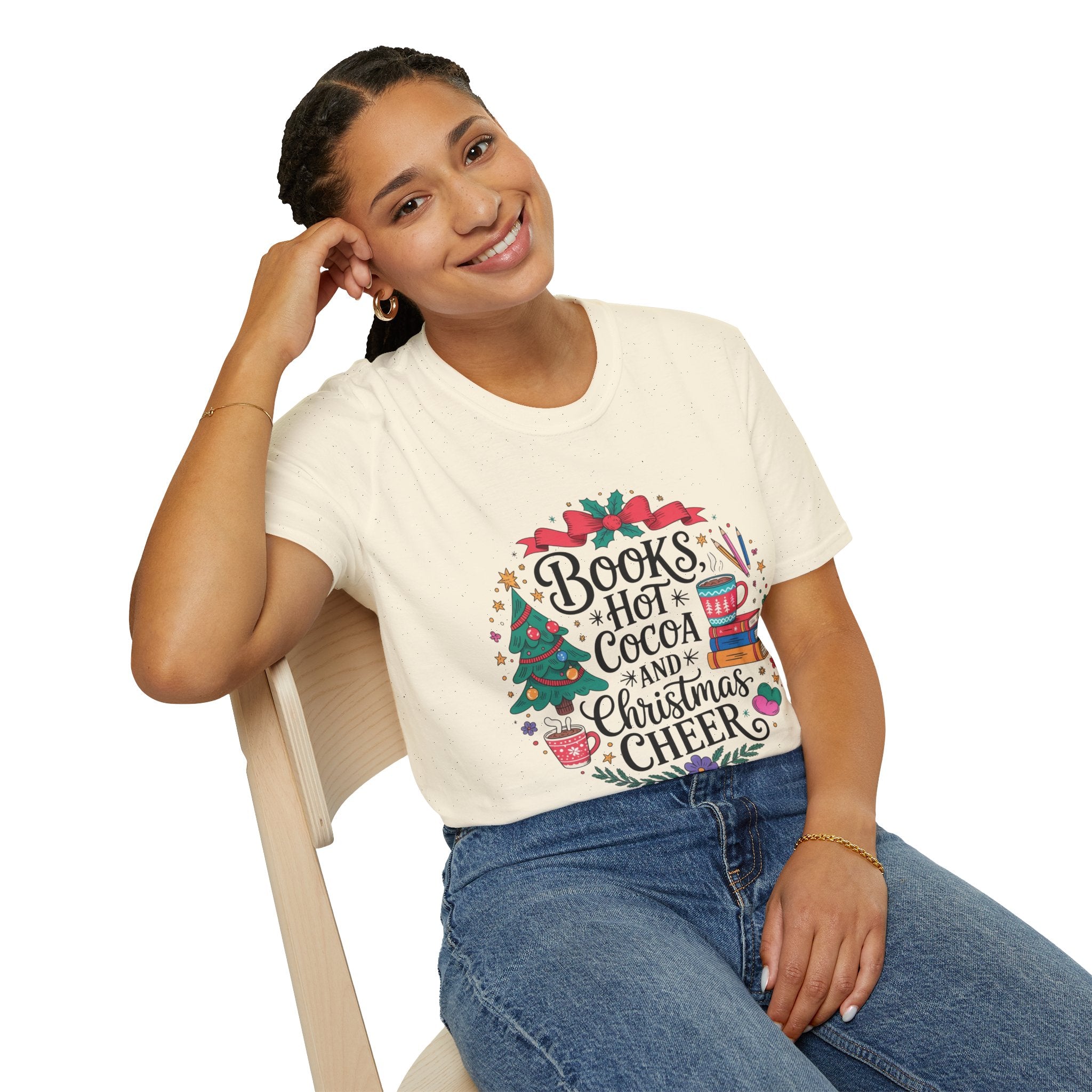 "Books, Hot Cocoa and Christmas Cheer" Holiday Tee for Book Lovers