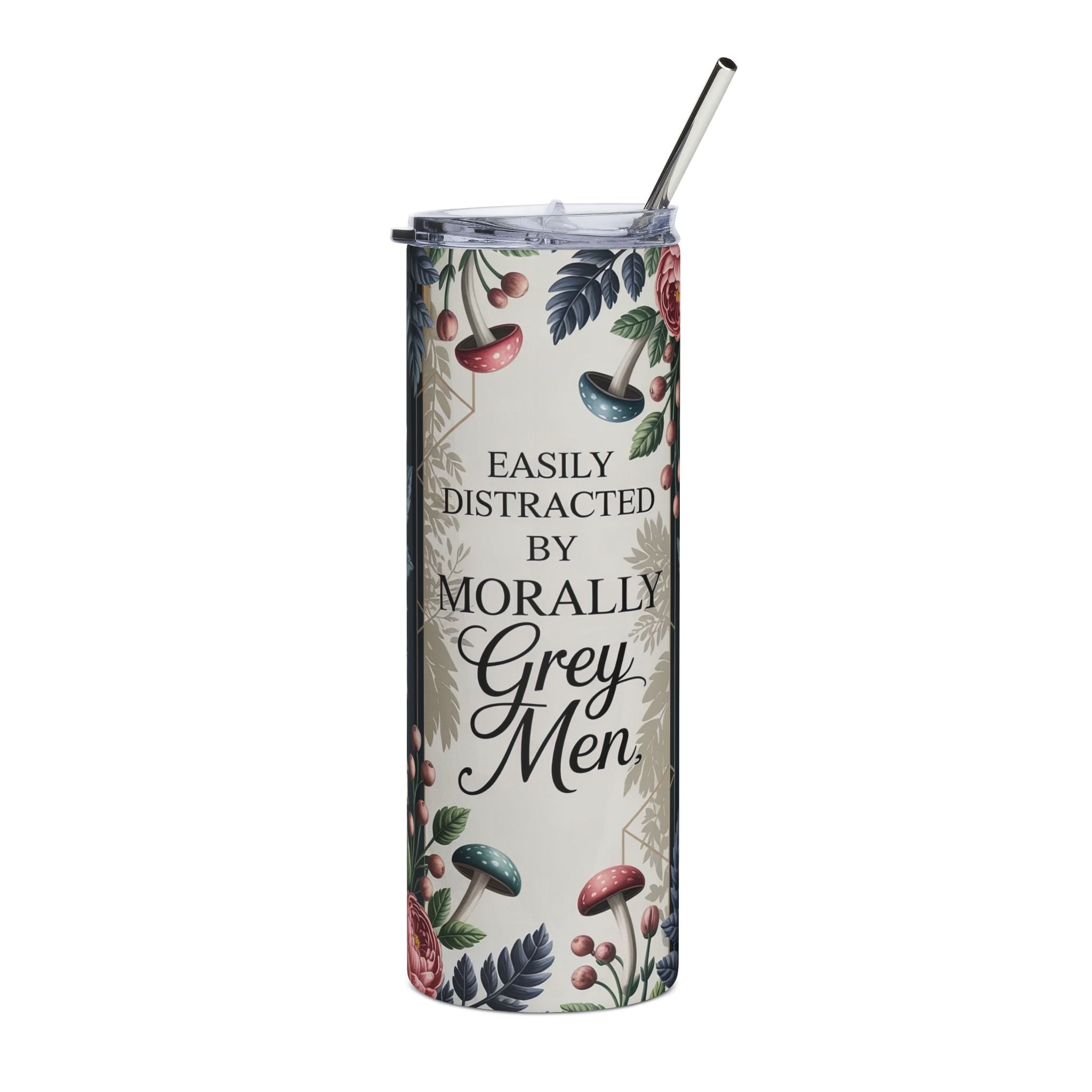 "Easily Distracted by Morally Grey Men" Floral Skull Design — 20oz Stainless Tumbler