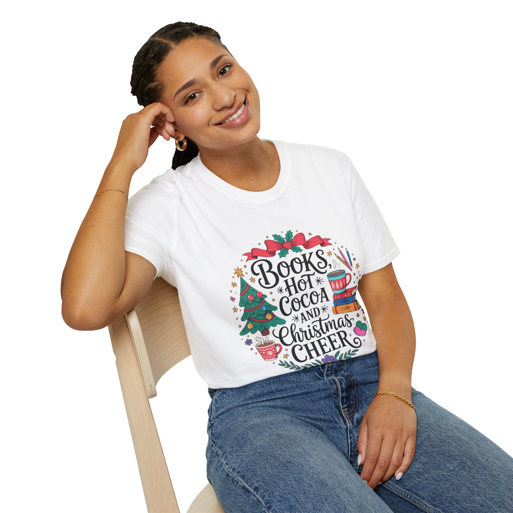 "Books, Hot Cocoa and Christmas Cheer" Holiday Tee for Book Lovers