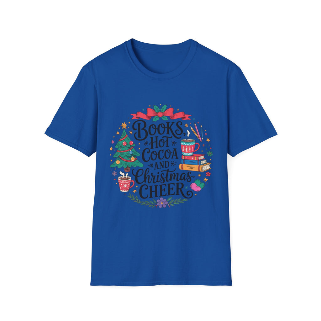 "Books, Hot Cocoa and Christmas Cheer" Holiday Tee for Book Lovers