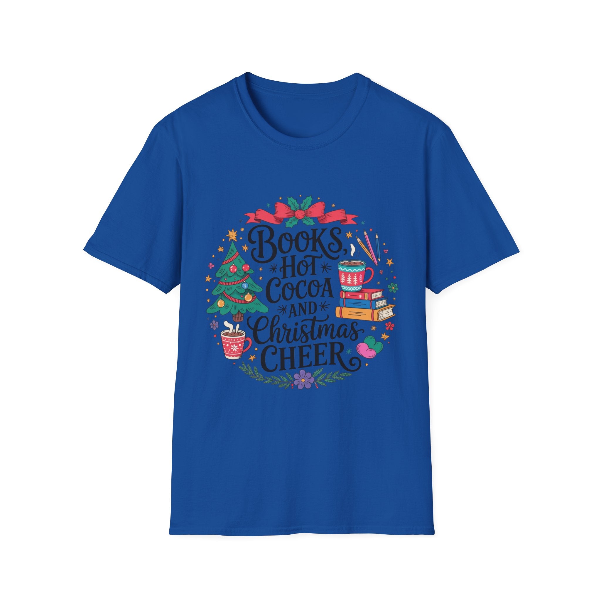 "Books, Hot Cocoa and Christmas Cheer" Holiday Tee for Book Lovers