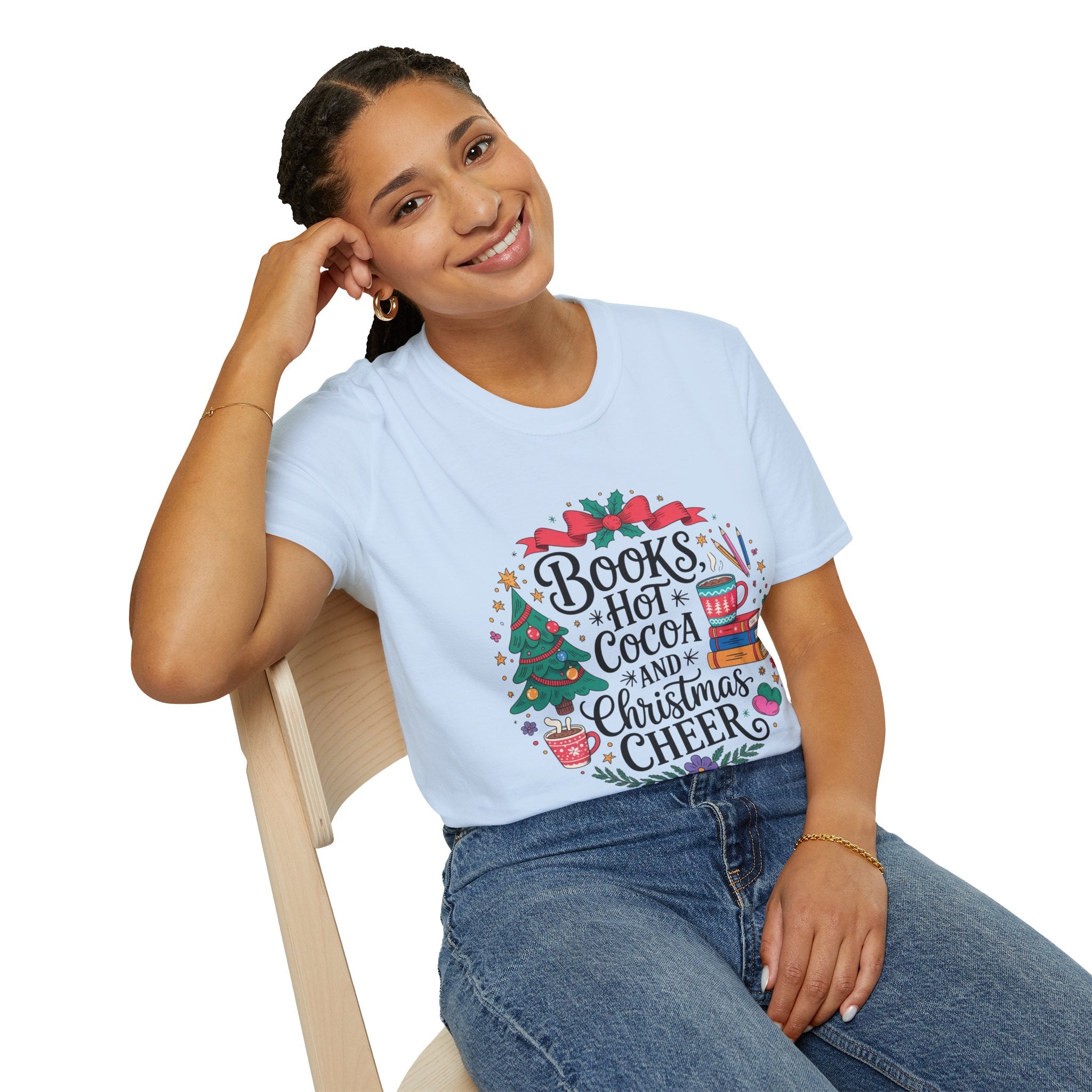 "Books, Hot Cocoa and Christmas Cheer" Holiday Tee for Book Lovers